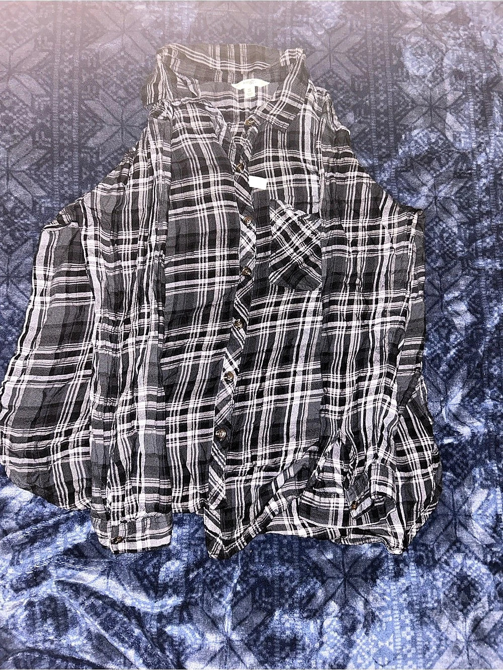 Terra Sky Plaid Button Down Shirt in Black & White Size 0X